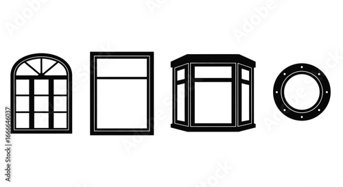 Collection of architectural window designs featuring arched bay and round porthole styles vector