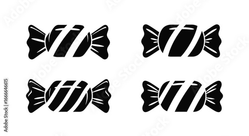 Four black and white striped candies wrapped in crinkled paper isolated on white for sweet confectionery design vector