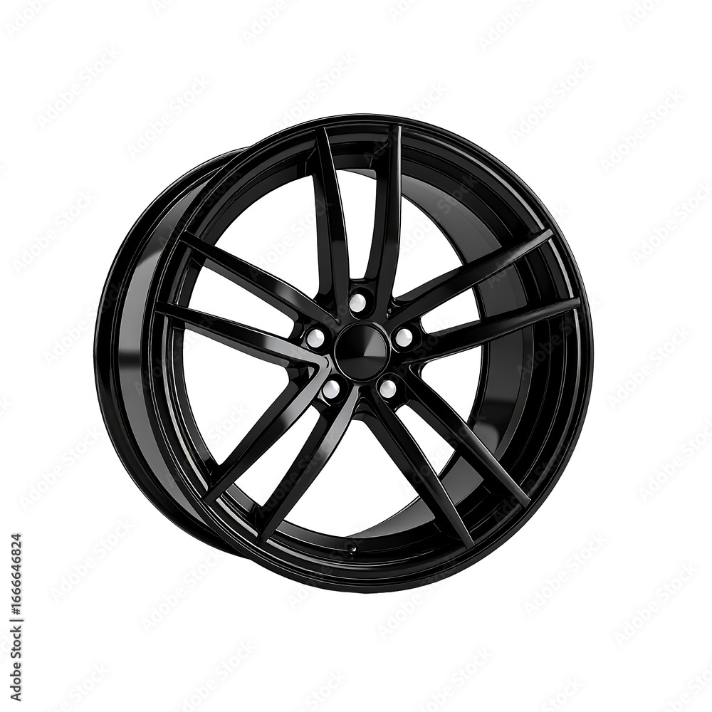 Obraz premium Sleek black five-spoke alloy wheel design on transparent background