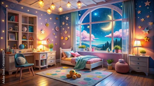 Whimsical Child's Bedroom with Starry Night Sky & Moon, Perfect for Dreamy Bedtime Stories and Children's Products