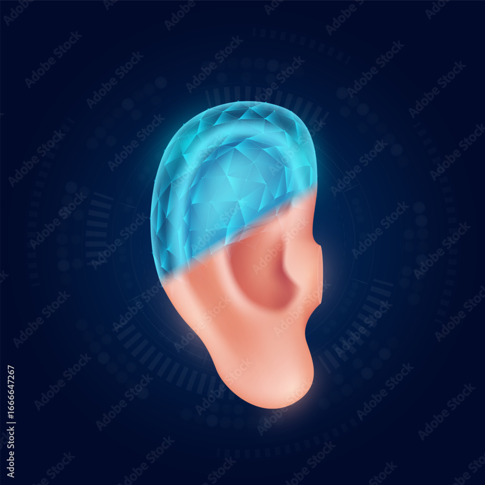 Obraz premium Ear realistic shape model with translucent polygon on dark blue background. Medical science technology. Treatment with prosthetic organs concept. Vector EPS10.