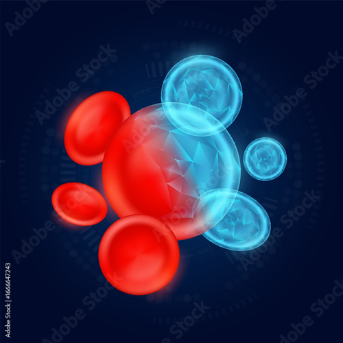 Erythrocyte realistic shape model with translucent polygon on dark blue background. Medical science technology. Treatment with prosthetic red blood cells, plasma. Vector EPS10.