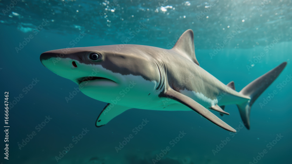 Obraz premium Majestic shark gliding through clear blue waters, showcasing its sleek body and powerful fins. underwater scene captures beauty of marine life