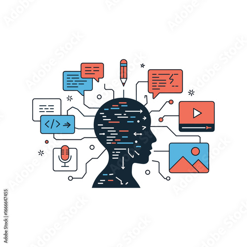 Artificial intelligence brain processing digital information and multimedia content technology concept