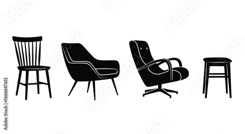 Collection of four distinct furniture silhouettes including chairs and stool for interior design vector