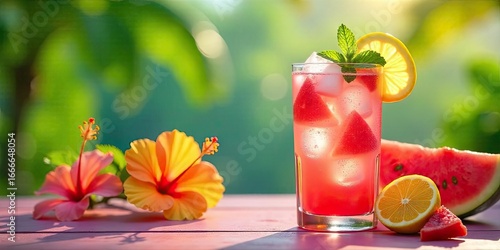 Refreshing Summer Watermelon Drink with Citrus and Mint Garnish on Pink Table