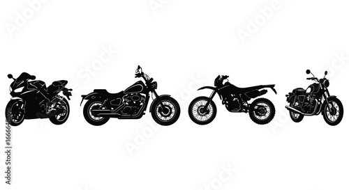 Diverse motorcycle styles lined up showing cruisers adventure bikes sportbikes and touring models vector