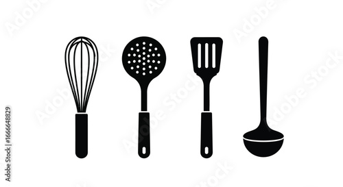 Essential kitchen utensils silhouette set whisk slotted spoon spatula ladle for culinary preparation vector