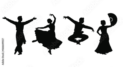 Diverse group of dancers silhouetted in dynamic poses expressing joy and movement vector