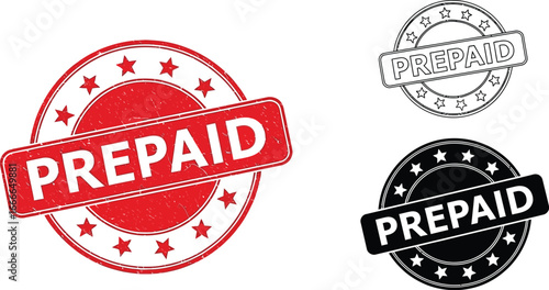 Prepaid stamp vector illustration set in red black and outline
