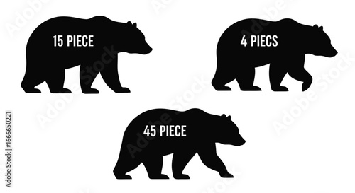 Three silhouetted black bears with textual labels indicating puzzle piece counts for wildlife themes vector