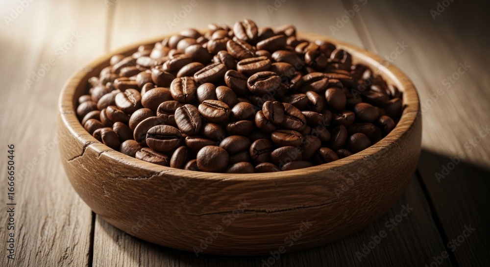 Fototapeta premium Coffee beans fill a rustic wooden bowl, set on aged wood