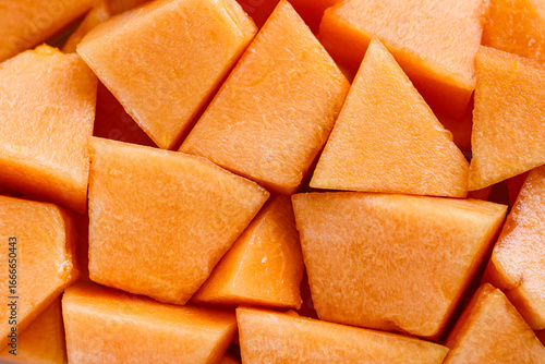 Foto Closeup, overhead shot of a pile of diced cantaloupe chunks, showcasing the vibrant orange color and juicy texture
