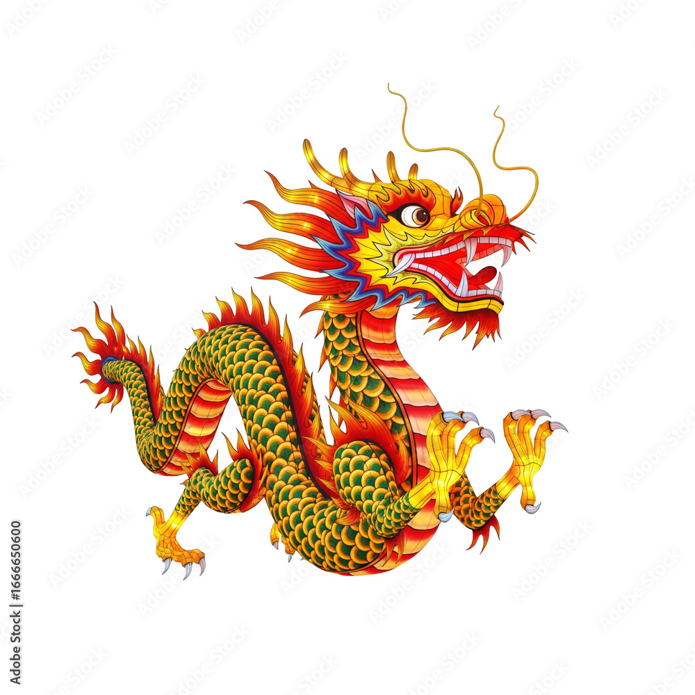 Naklejka premium Vibrant Chinese Dragon Illustration with Intricate Details and Fiery Colors Isolated on Transparent Background