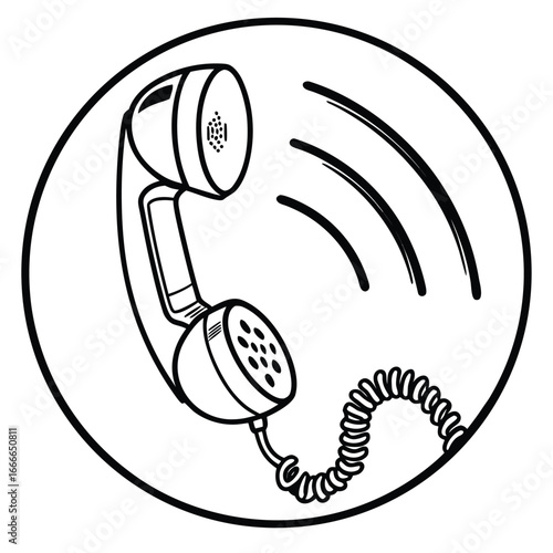 Vintage rotary phone handset ringing with sound waves illustration