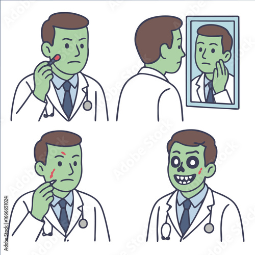 Doctor green skin mirror face cartoon transformation zombie illustration comic emotion