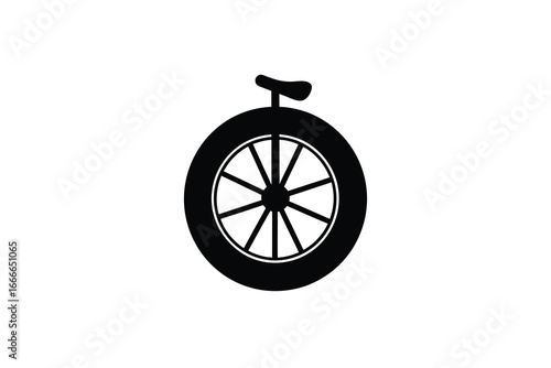 A black and white illustration of a single wheel unicycle with seat silhouette