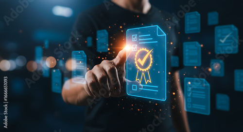 Person interacting with a digital document, highlighting quality assurance and certification.
