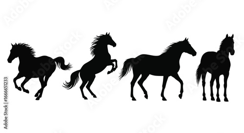 Dynamic horse silhouettes showcasing various poses and galloping motion in natural stance vector