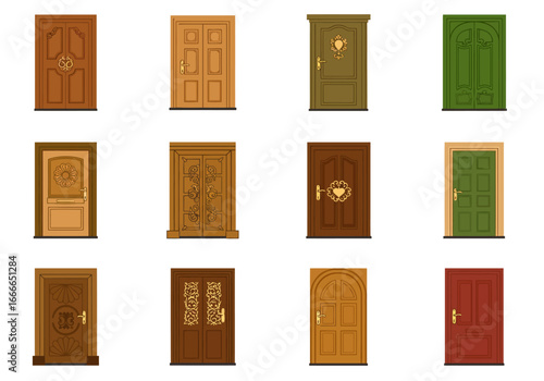 A collection of twelve uniquely designed ornate doors in various shades of brown green and red