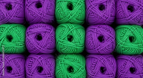 organized balls of purple and green yarn, background pattern, knitting and crafting graphic