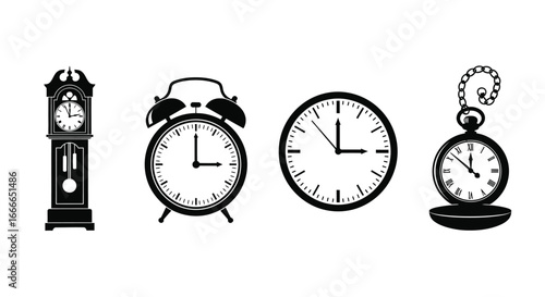 Collection of four different clock types including grandfather alarm pocket and wall clocks on white vector