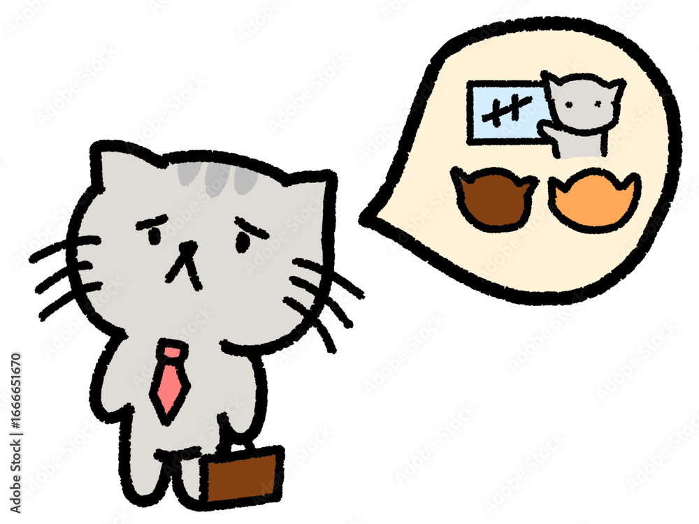 Fototapeta premium A grey cat with a red tie thinking about another cat. The thought bubble shows a craving or distraction from work.