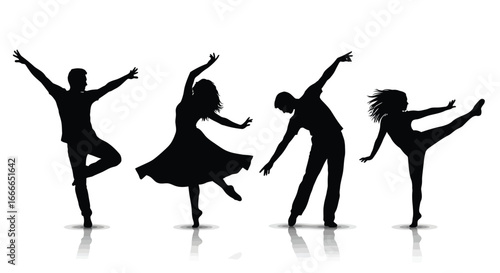 Dynamic silhouettes of diverse dancers expressing movement and grace in artistic poses vector