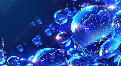 Wallpaper Mural Glowing blue bubbles floating against a dark background, with light reflections and small bubbles around. Suitable for beauty product ads, underwater themes, and fantasy design materials. Torontodigital.ca