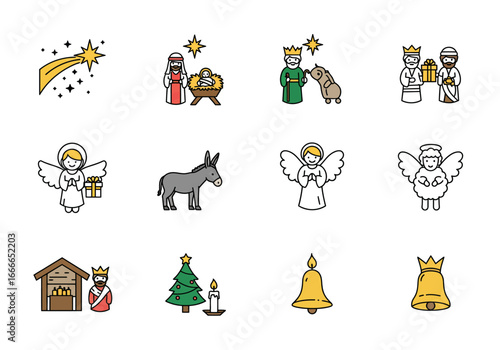 Christmas icons show Nativity three kings angels donkey manger tree candle and bell in rows