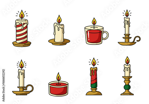 Eight cartoon candles in various shapes and colors some in holders with flames and melting wax