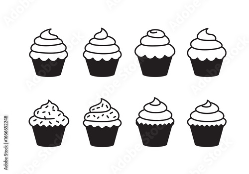 Eight cartoon cupcakes various frosting styles aligned in two rows on a white background