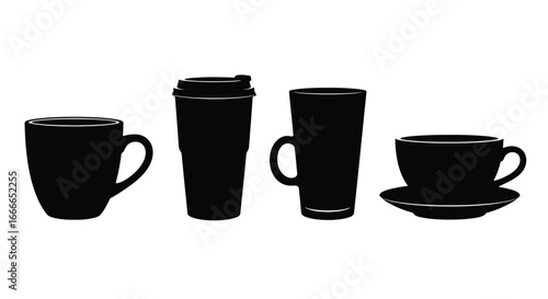 Four black coffee cups and saucer silhouettes isolated on white representing breakfast and beverage service vector