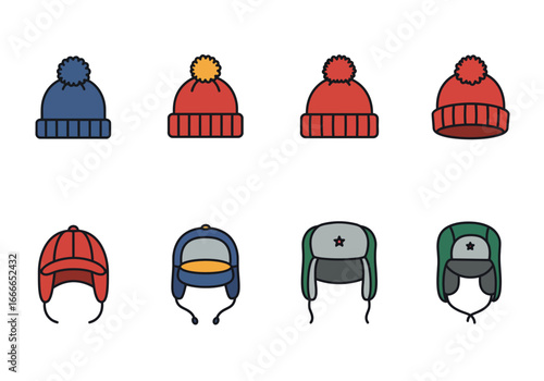 Eight colorful winter hats arranged in two rows on a white background