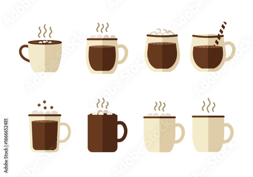 Eight mugs of hot cocoa with variations of marshmallows and steam arranged in two rows