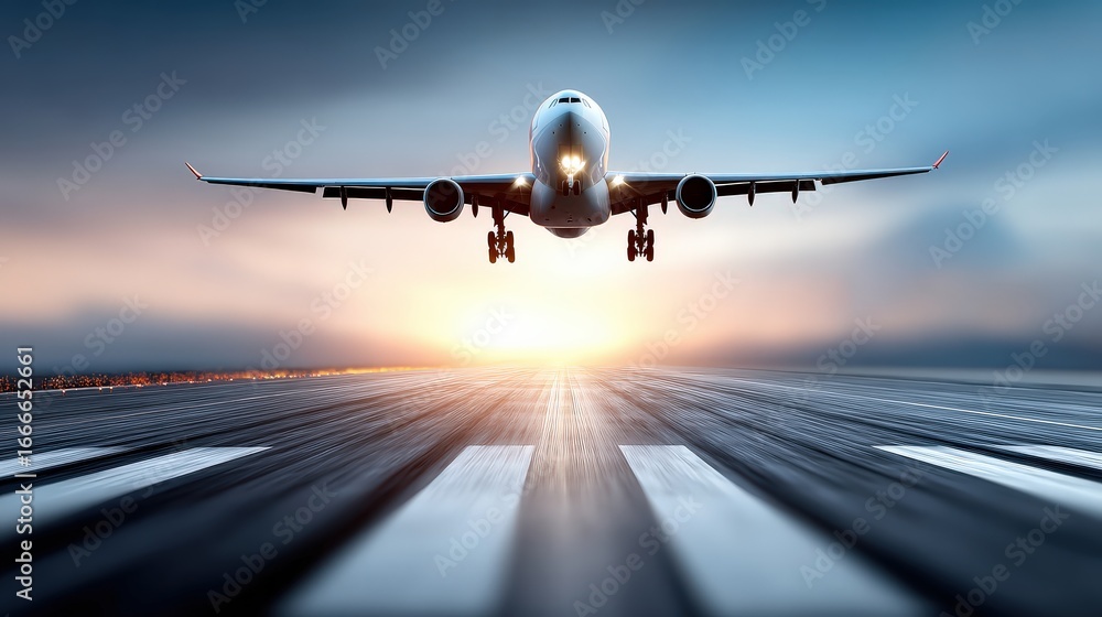 Fototapeta premium A dynamic image of a commercial airplane approaching for landing on a runway, illuminated by a colorful sunset in the background.