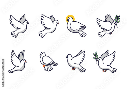 Eight white dove icons on a white background various poses some holding olive branches one with a yellow halo