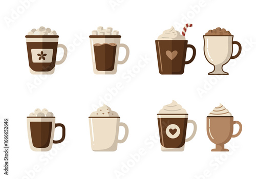 Eight various hot drinks some topped with whipped cream marshmallows or coffee beans are arranged in two rows on a white background