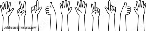 Minimalist line art illustration of hands showing different gestures including peace, thumbs up, pointing, and open palm. Perfect for design projects