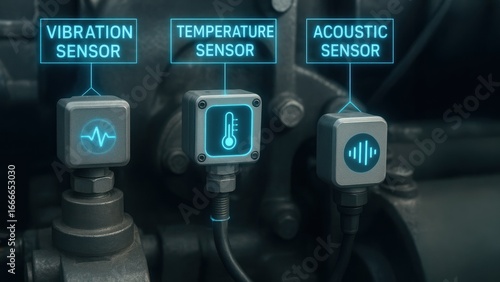 The ar visualization of industrial sensors on heavy machinery with overlays showing vibration, temperature, and acoustic data for industrial predictive maintenance