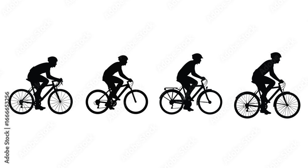 Naklejka premium Cyclists in motion silhouettes showing different stages of pedaling and cycling posture vector