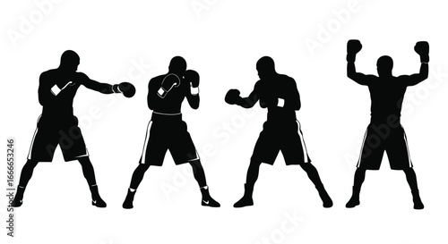Dynamic boxing silhouette set showing various fighting poses and movements in athletic stance vector