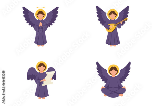 Four illustrations of faceless purple angels with halos in different poses prayer lute playing scroll holding meditation