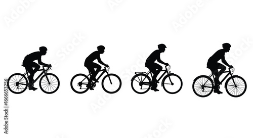 Cyclists in motion silhouettes showing different stages of pedaling and cycling posture vector