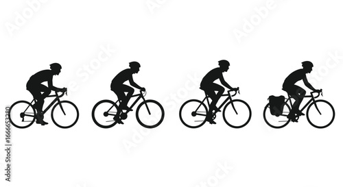 Cyclists in silhouette showcasing different bike types and riding styles progression vector