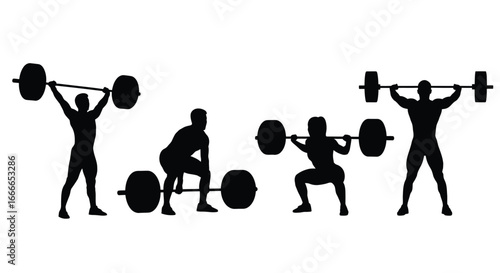 Silhouettes of athletes performing weightlifting exercises demonstrating strength and power training vector