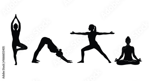 Diverse yoga poses silhouettes demonstrating strength flexibility and inner peace for health and wellness vector