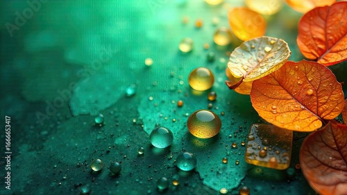 Autumnal Leaves and Dewdrops on a Teal Surface A Close-Up Macro Image