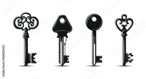 Four antique ornate keys displayed individually in a row isolated on vector