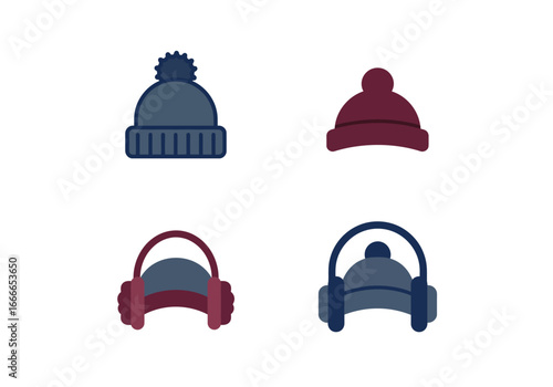Four winter headwear items two hats and two earmuff sets in blue and burgundy colors on a white background